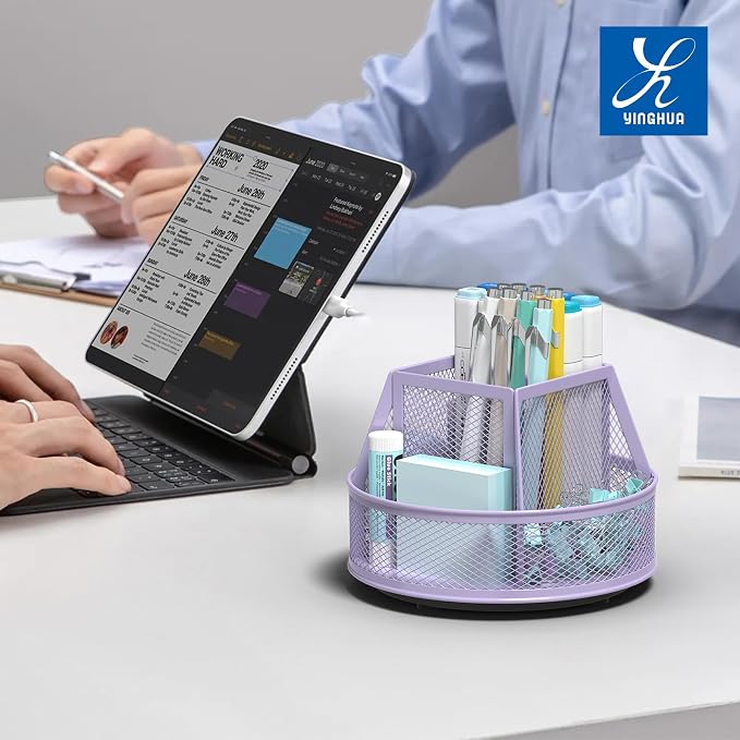 YINGHUA Metal Mesh Desk Organizer with 5 Compartments and Rotating Pencil Holder Pen and Stationery Organizer for Office Home School Anti Slip Base Purple - Image 6