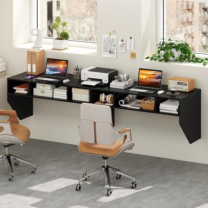 Giantex Wall-Mounted Computer Desk, Floating Laptop Desk with 3 Storage Compartments, Space-Saving Home Office Workstation Vanity Table for Bedroom, Study, Living Room (Black) - Image 4