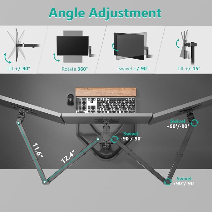 WALI Triple Monitor Stand, Free Standing Three LCD Monitor Fully Adjustable Desk Mount Fits 3 Screens up to 27 inch, 22 lbs Weight Capacity per Arm (MF003), Black - Image 5