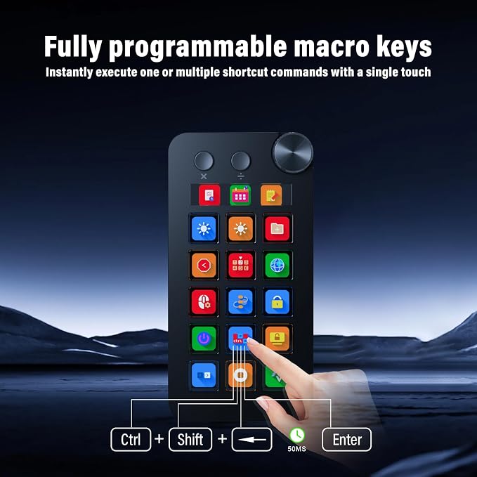 Streaming Deck,Macro pad/Calculator/Numeric Keypad Three Modes | 15 Customizable Macro Keys and LCD Bar,Large Dial,Work Efficiency Device,Compatible with Windows and Mac(N1 Black) - Image 6