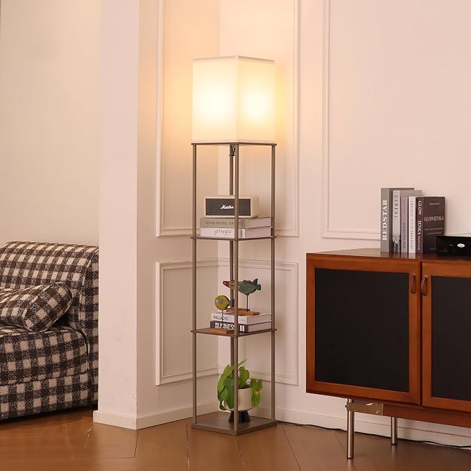 Gupuzm Floor Lamp with Shelves, Modern Square Standing Lamp with 3 Color Temperature Bulb, Corner Display Bookshelf Lamp for Living Room, Bedroom and Office （Grey） - Image 5