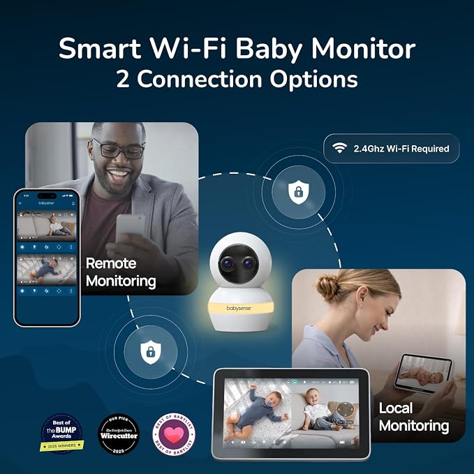 Babysense TOUCH 7" Touchscreen Smart WiFi Baby Monitor with App, Camera and Audio, 2 Cameras with Night Light, 4MP Dual-Lenses with 6X Zoom, AI Auto Tracking, Focus Area, Split-Screen, No Subscription - Image 2