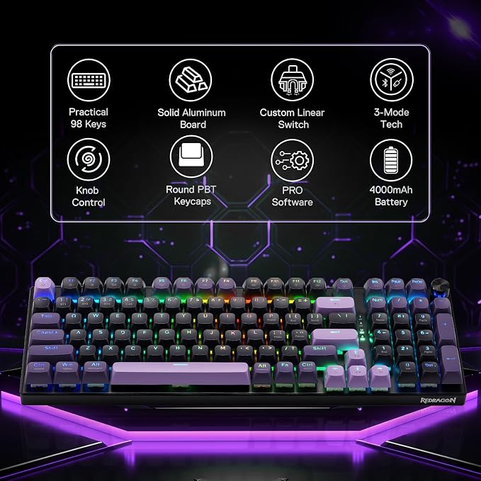 Redragon K740 PRO Wireless RGB Gaming Keyboard, Aluminum Base & Knob, 95% | Rock-Solid Metal Build, Multi-Function Control Wheel, Creamy Custom Switch, Swap-Ready Socket, Fade-Resistant PBT Keycap - Image 2
