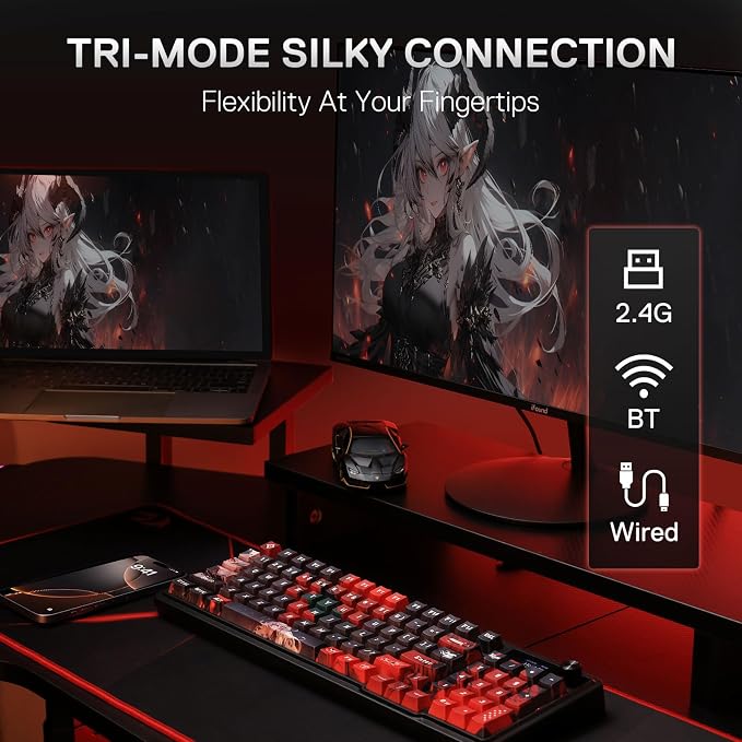 Redragon K719 PRO Wireless RGB Gasket Gaming Keyboard, Dye-Sub Anime Keycap | Easy-Control LED Info Display, 0-Delay Tri-Mode, Cushioned 5-Layer Noise Dampening for Creamy Thocky Sound, 95% Layout - Image 3
