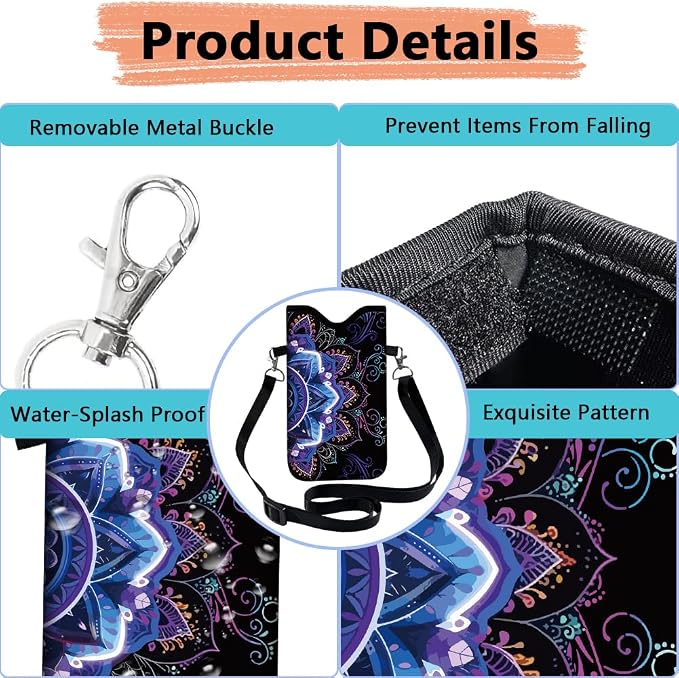 Floral Phone Pouch Neoprene Cell Phone Sleeve Purple Nylon Waterproof Cellphone Bag Case with Crossbody Strap Neck Lanyard Protective Carrying Cover Fits Most Smartphones 7.1 x 3.9 Inch - Image 4