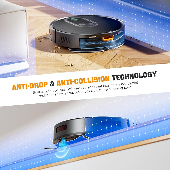 Robot Vacuum and Mop, 6500Pa Suction, 2 in 1 Robotic Vacuum with Gyro Inertial Navigation, 200 Min Runtime, App/Remote/Voice Control, Ideal for Pet Hair, Hard Floor, Carpet - Image 5