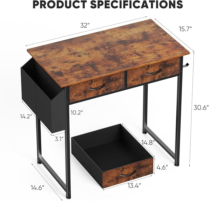 DUMOS 32" Home Office Computer Desk with Drawers, Small Gaming Writing Study Table with Storage Side Bag, Headphone Hook and Adjustable Feet for Bedroom Rustic Brown - Image 3
