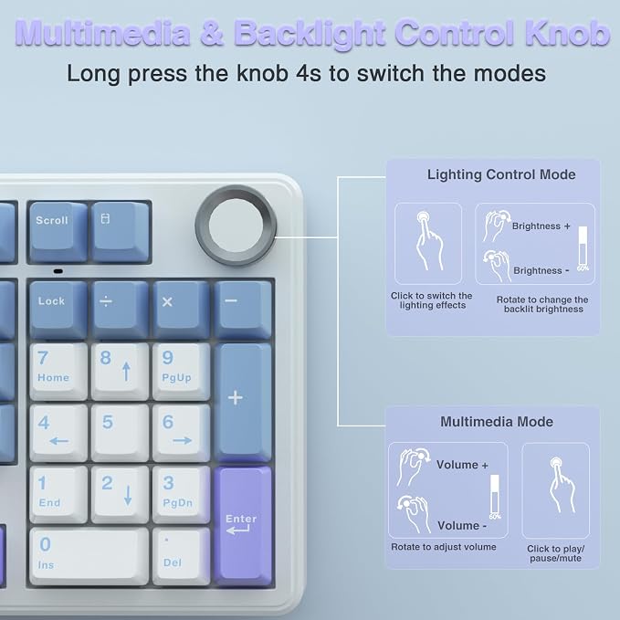 AULA F99 Pro Wireless Mechanical Keyboard with Knob,Creamy Sound,Tri-Mode BT5.0/USB-C/2.4GHz Hot Swappable Keyboard,Gasket Structure,RGB Backlit Computer Gaming Keyboards - Image 5