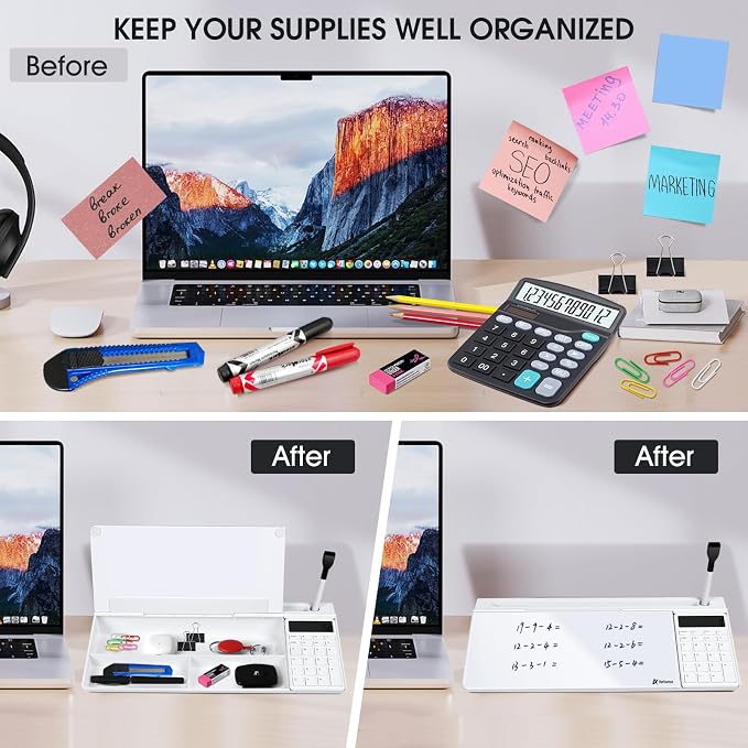 Varhomax Glass Desk Whiteboard with Calculator, Desktop Dry Erase White Board with Storage, to Do List Memo Notepad for Home and Office - Image 4