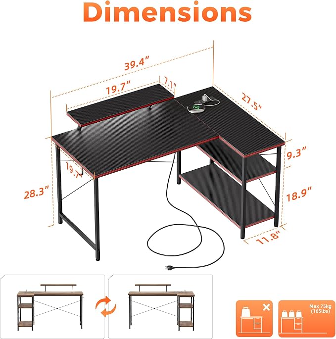 Mericonia 40 in Corner Desk with Monitor Stand, Small L Shaped Gaming Desk | Reversible Computer Desk with Power Outlets, LED Light & Storage Shelves, Office Table for Home Bedroom Study Work Writing - Image 2