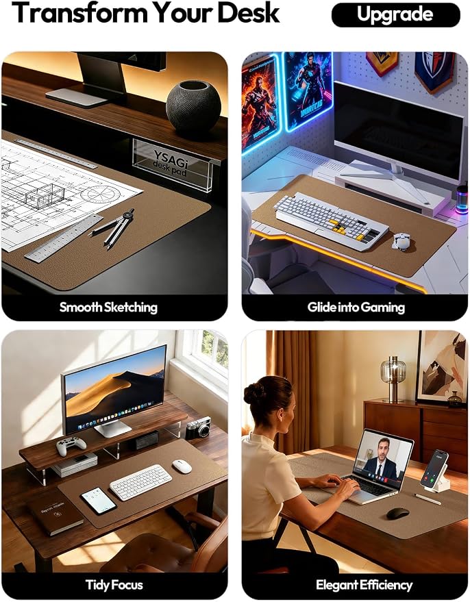 YSAGi Leather Desk Protector, Office Mat, Large Mouse Mat, Non-Slip PU Leather Blotter, Laptop Pad, Waterproof Writing Pad for Office and Home (Shiny Bronze, 31.5" x 15.8") - Image 2