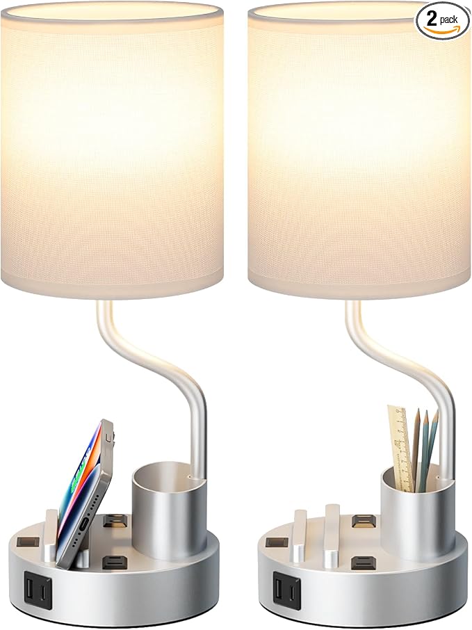 Fenmzee Bedside Lamps for Bedroom Set of 2 - Table Desk Lamp for Nightstand | 15" Table Lamp for Living Room with Pen Holder & Phone Stand, USB A+C Port, AC Outlet, 3 Color Temperature, LED Bulb Included by Fenmzeelighting