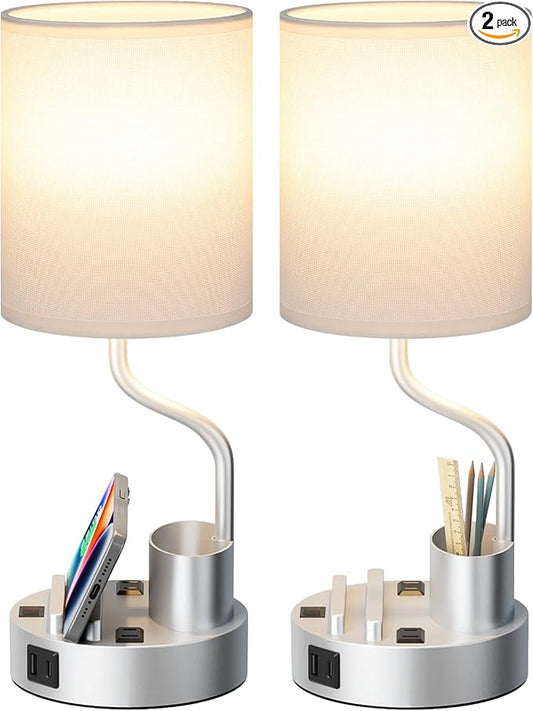 Fenmzee Bedside Lamps for Bedroom Set of 2 - Table Desk Lamp for Nightstand | 15" Table Lamp for Living Room with Pen Holder & Phone Stand, USB A+C Port, AC Outlet, 3 Color Temperature, LED Bulb Included by Fenmzeelighting