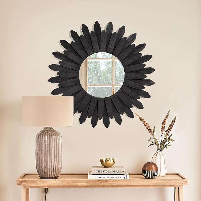 Honiway 21 inch Black Wall Decor Vintage Mirror, Boho Style, Wooden Frame, Easy to Hang, Ideal Gift - Image 7
