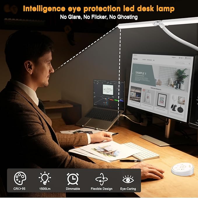 Pzloz Led Desk Lamp for Office Home - Eye Caring Architect lamp with Clamp,Dual Screen Computer Monitor Work Smart Light: 24W 5 Color Flexible Adjustable Lighting Table Lamp for Study White - Image 4
