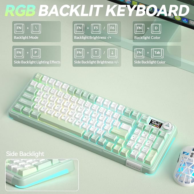 SOLAKAKA A99 Pro Wireless Mechanical Keyboard with BT5.0/2.4GHz/USB-C, LCD Screen & Metal Knob, Gasket-Mounted Gaming Keyboard, Full Hot-Swappable, RGB Creamy Keyboard for Win/Mac - Image 8
