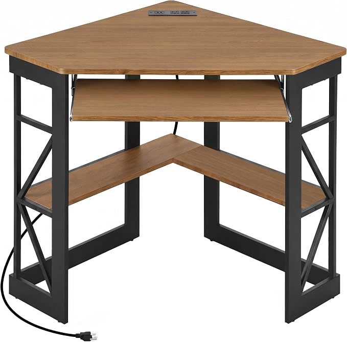 VECELO Corner Desk, Triangle Computer Desk for Small Space with Charging Station and Keyboard Tray, Corner Makeup Table with Storage Shelves for Home Office Bedroom, 41x30, Light Walnut by VECELO