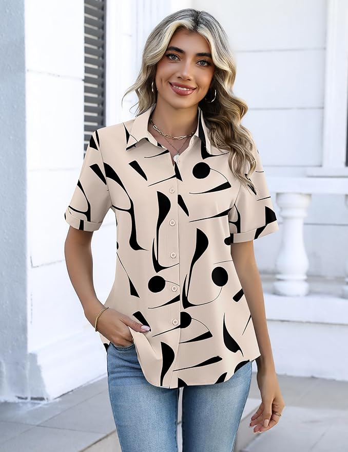Zeagoo Button Down Shirts for Women Short Sleeve Collared Tops Dressy Casual V Neck Blouses - Image 5