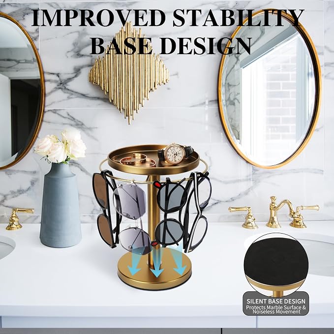 kondyfayo 360° Rotating Sunglass Organizer Storage, Stainless Steel Glasses Holder Stand, Glasses Organizer with Tray for Desk, Dresser, Tabletop, Nightstand and Home Decor (Gold) | Stainless Steel Stand with 360 Rotation Holds 9 to 12 Pairs. Top Tray ... - Image 5