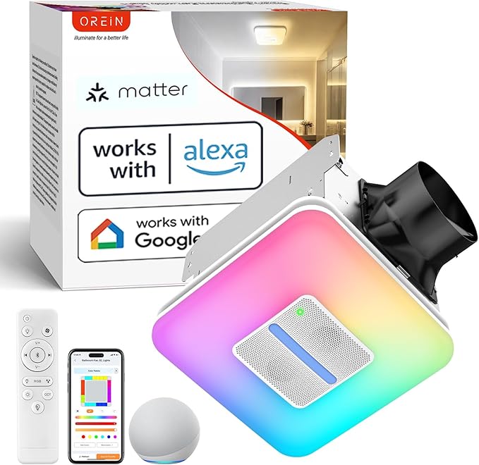 OREiN Matter Smart Bathroom Fan with Light – Humidity Sensor, 130–160 CFM Ventilation, Ultra-Quiet 1.0 Sone, Tunable White & Custom RGB, Dual Bluetooth Speakers, Compatible with Alexa & Google Home by OREiN