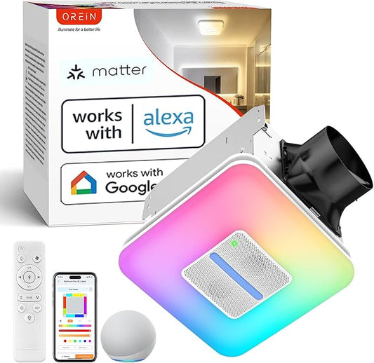 OREiN Matter Smart Bathroom Fan with Light – Humidity Sensor, 130–160 CFM Ventilation, Ultra-Quiet 1.0 Sone, Tunable White & Custom RGB, Dual Bluetooth Speakers, Compatible with Alexa & Google Home by OREiN