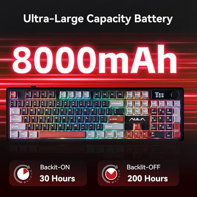 AULA F106 Pro Wireless Gaming Keyboard Creamy Mechanical Keyboards 104 Keys | 8000mAh,Hot Swappable Custom Full Size Knob&Screen,RGB Backlit,Pre-lubed Blaze Switches,PBT Keycaps,Tri-Mode BT/2.4GHz/USB-C - Image 5
