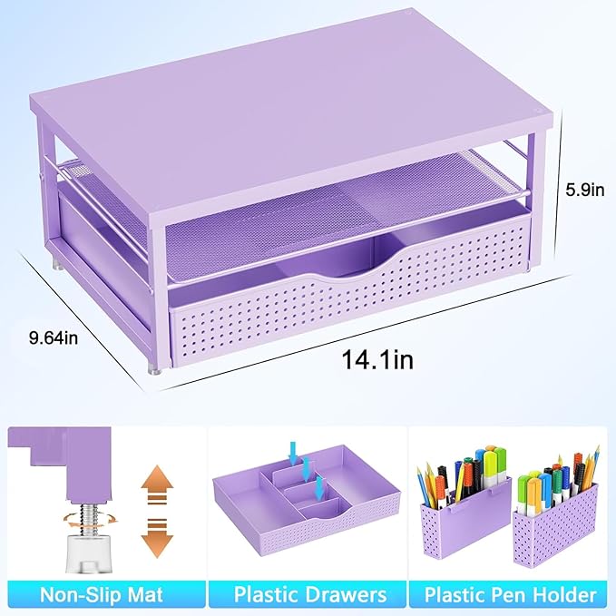 gianotter Desk Organizers and Accessories, Monitor Stand with Drawer and 2 Pen Holder, Desktop Organizer Suitable for Offices and Dormitories (Purple-Plain) - Image 5
