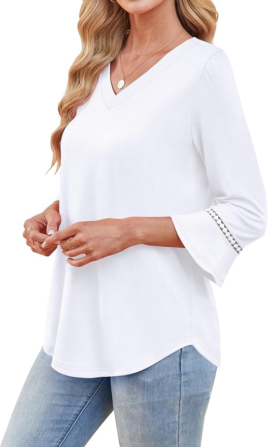 WIHOLL Womens Blouses Dressy Casual 3/4 Length Sleeve Tops Lace Trendy 2026 Spring Summer V Neck Shirts Vacation Outfits - Image 4