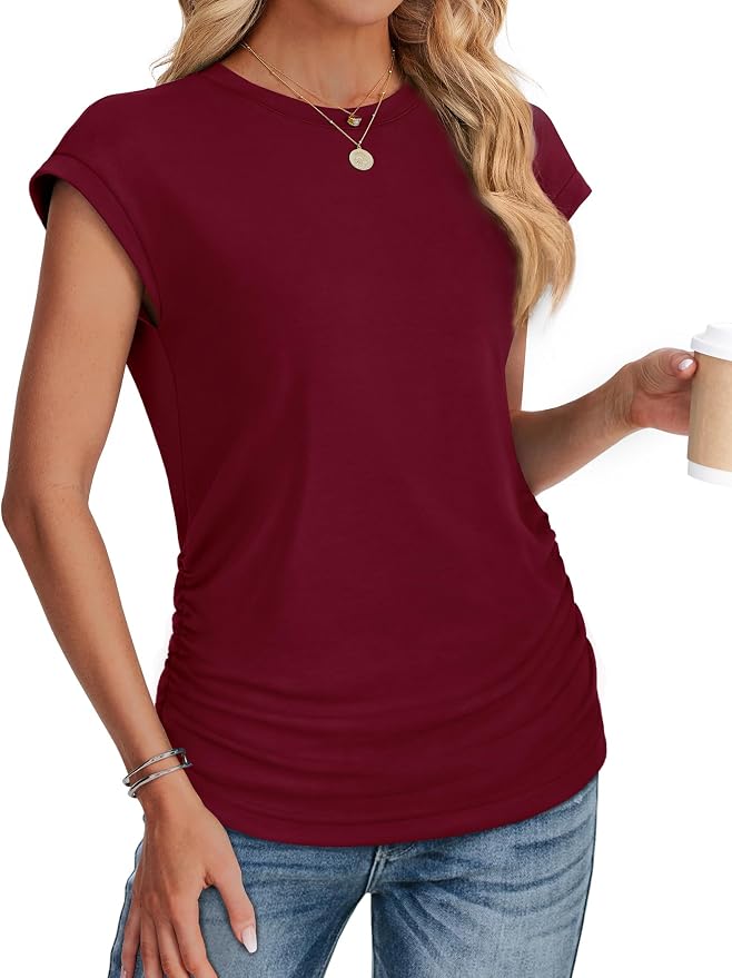 Sampeel Womens Summer Tops Trendy 2026 Ruched Cap Short Sleeve Tshirts Shirts Crew Neck T Shirts Fashion - Image 3