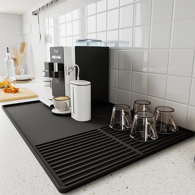 Silicone Coffee Mat with Raised Edges, , 24'' x 16'', Bar Mat for Countertops, Bar Accessories, Coffee Maker Mat, Espresso Machine, Dish Drying Mat (BLACK) by WUDIALIEN