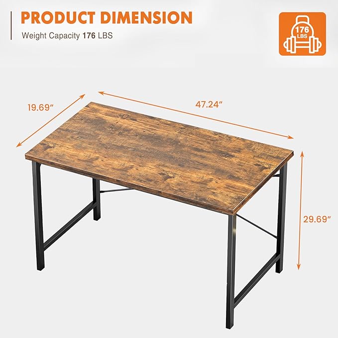 Sweetcrispy 47-Inch Small Computer Desk for Bedroom, Brown | Gaming Writing Work and Study Desk for Home Office, Sturdy Metal Frame and Compact Modern Design with X-Shaped - Image 3