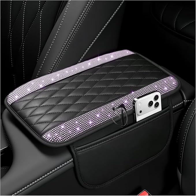 Stacool Upgraded Car Center Console Cover with Rhinestones,Microfiber Leather Car Armrest Cover Cushion with 2 Storage Bags,Universal Cars Armrest Storage Box as Cars Interior Accessories by Unknown