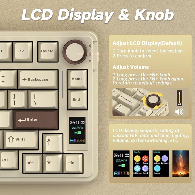 AULA S75 PRO Wireless Mechanical Keyboard with Screen&Knob, 75% Hot Swappable Gaming Keyboard with Pre-lubed Switches, RGB Backlit, PBT Keycaps, Creamy Sounding Computer Keyboards - Image 3