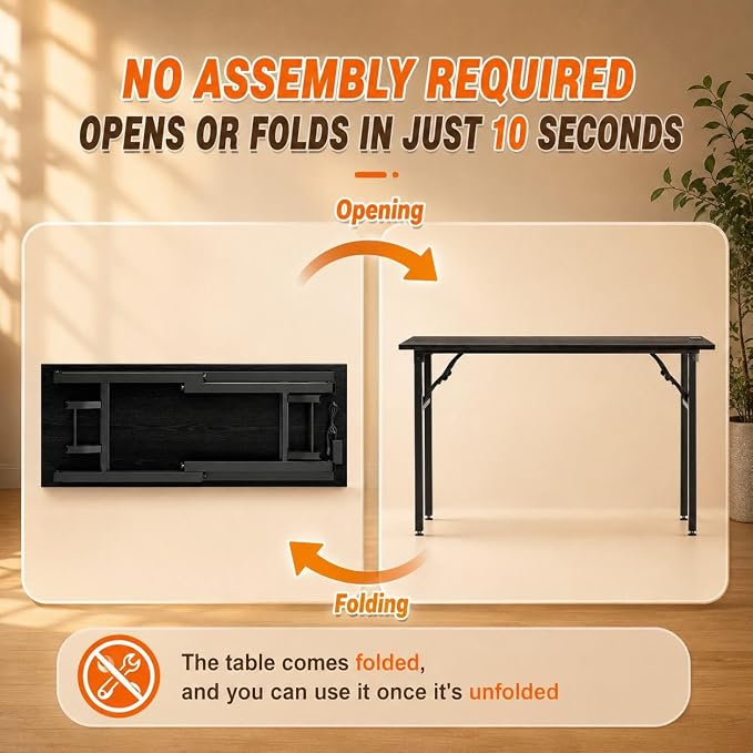 Folding Table Computer Desk - 55.1" No Assembly Folding Desk with Power Outlets & USB Charging Port, Small Desk, Foldable Office Desk, Compact Storage Portable Use for Small Space, Dark Oak - Image 4