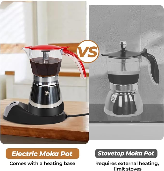 Electric Plastic Clear Moka Pot 3-6 Cup 150-300ml Mocha Pot | Stainless Steel Espresso Maker with Detachable Base Ideal Coffee Maker for Home Italian and Cuban Café Coffeemaker Red - Image 8