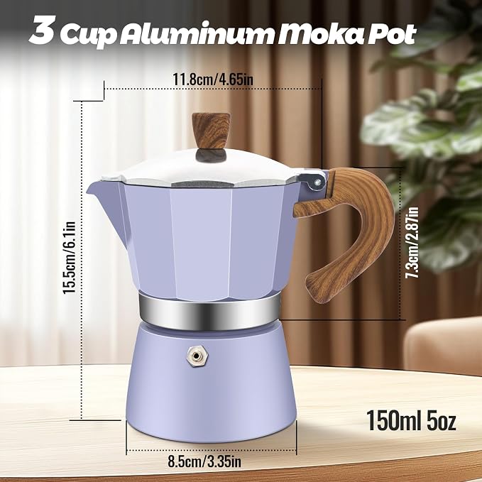 3 Cup Aluminum Moka Pot Purple Classic Stovetop Espresso Coffee Maker 150ml 5oz Coffeemaker Percolator Mocha Pot Greca Coffee Maker Cafe Makers for Italian and Cuban Café Brewing Purple - Image 2