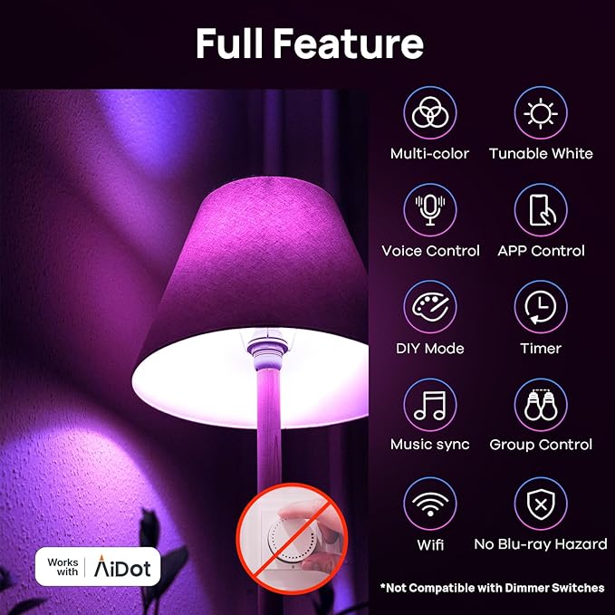 Linkind Matter Smart Light Bulb, WiFi Smart Bulbs, Work with Apple Home, Siri, Alexa, Google, SmartThings, AiDot, RGBTW Color Changing Bulbs Mood Lighting, Music Sync, A19 E26 60W, 2.4Ghz WiFi 6 Pack - Image 7
