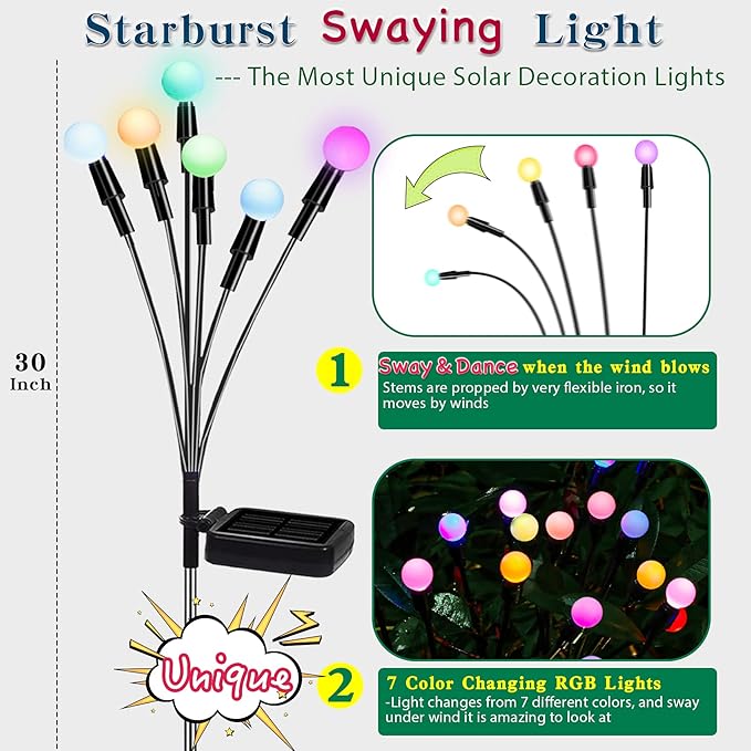 TONULAX Solar Garden Lights, Starburst Swaying When Wind Blows, Solar Lights Outdoor Decorative, Color Changing RGB Light for Yard Patio Pathway Decoration(4 Pack) - Image 2
