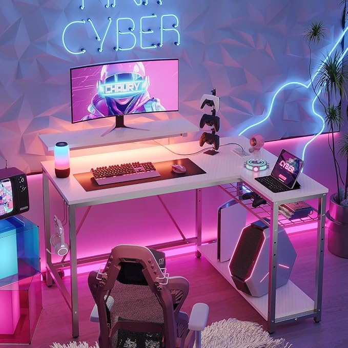 Bestier 42-Inch L-Shaped Computer Desk with Charging & LED, White | Charging 2AC+USB+Type-C, RGB LED 7 Colors/22 Modes, Reversible Storage Shelves, Headphone Hook, Small Space, 42x31.5 in - Image 4