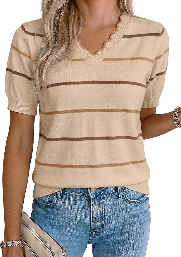 Dokotoo Womens Summer Short Sleeve Knit Tops 2026 Spring Trendy Casual V Neck Striped Sweater Blouses by Dokotoo