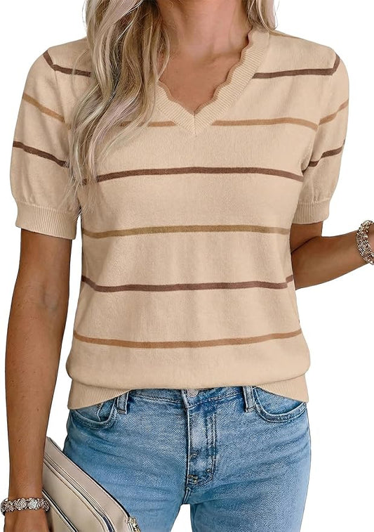 Dokotoo Womens Summer Short Sleeve Knit Tops 2026 Spring Trendy Casual V Neck Striped Sweater Blouses by Dokotoo