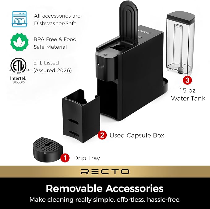 CHULUX RectoCafé Espresso Coffee Machine for Nespresso Original Capsule Pod | Extra Mini Design, 20 Bar Professional Italian Pump, Food-Grade Materials, Quiet with Low-Vibration Brewing for Home & Office - Image 7