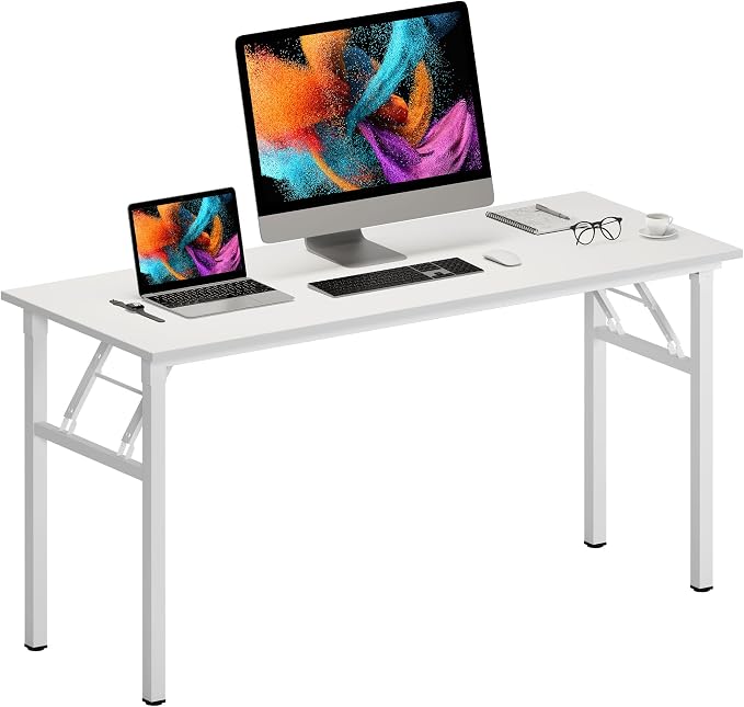 Need Office Computer Desk 60 Inch Sturdy Folding Laptop Table White | White Frame Writing Gaming Work Table/Foldable Home Office Desk/Sewing Table, No Assembly Required by Need