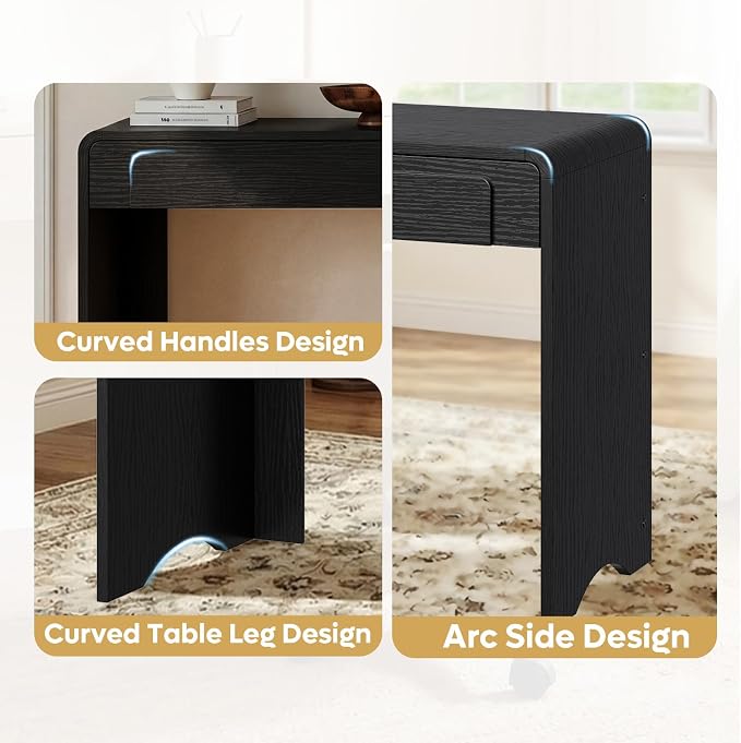 Bestier Computer Desk with 2 Drawers, 47 Inch Wood Home Office Desk, Writing Table with Curved Handles & Waterfall Rounded Edges, Cute Modern Desks for Bedroom Study Living Room, Black - Image 5