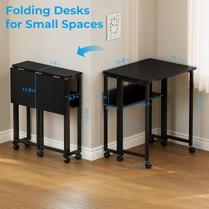 GreenForest Folding Desk with Wheels, 24.8" Rolling Table for Small Spaces | Storage Shelf, Lockable Casters, Compact Portable Workstation, Space-Saving Foldable Sofa Table, Home Office, Mobile, Black - Image 3