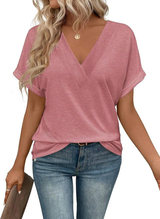 T Shirts Short Sleeve V Neck Tees Womens Tops Beach Vacation Fashion Clothes 2026 Casual Summer Spring Fall Outfits by EyMuseWomensTops