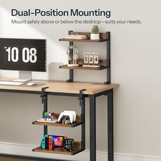 HOOBRO Clamp On Desk Shelf, 2-Tier Desktop Organizer, Space-Saving Desk Shelf with Adjustable Shelves, for Office, Study, Entertainment Accessories, Rustic Brown and Black BF32SJ01 - Image 5