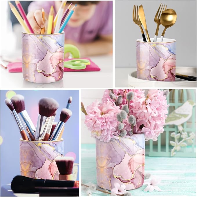 Pink Pen Holder for Desk, Premium Ceramic Pencil Holder Pen Cup Marker Holder Makeup Brush Holders, Desk Accessories & Workspace Organizers for Home, Office,Colorful Marble - Image 2