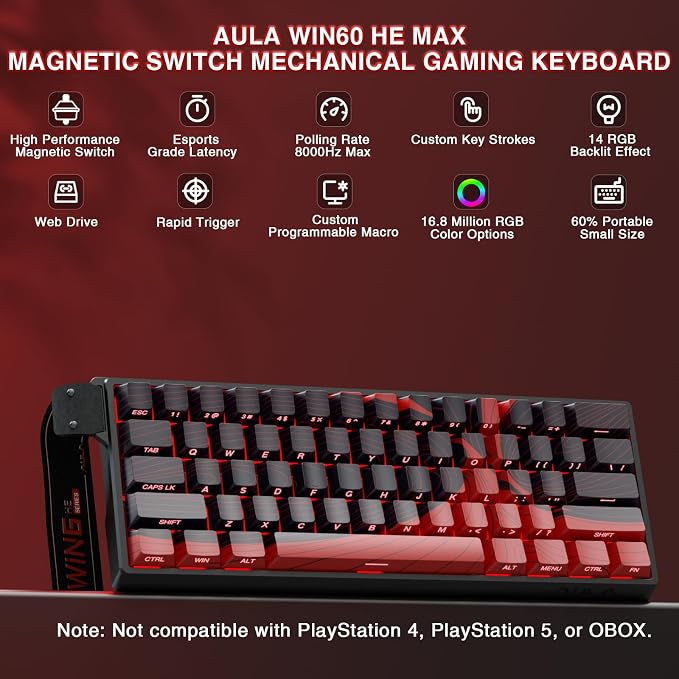 AULA WIN60 HE MAX - 60% Mechanical Gaming Keyboard Wired, Hall Effect Magnetic Switches Hot Swappable, Adjustable Actuation Rapid Trigger Mode, 8000 Hz Polling Rate, 60 Percent Keyboard Compact Design - Image 2