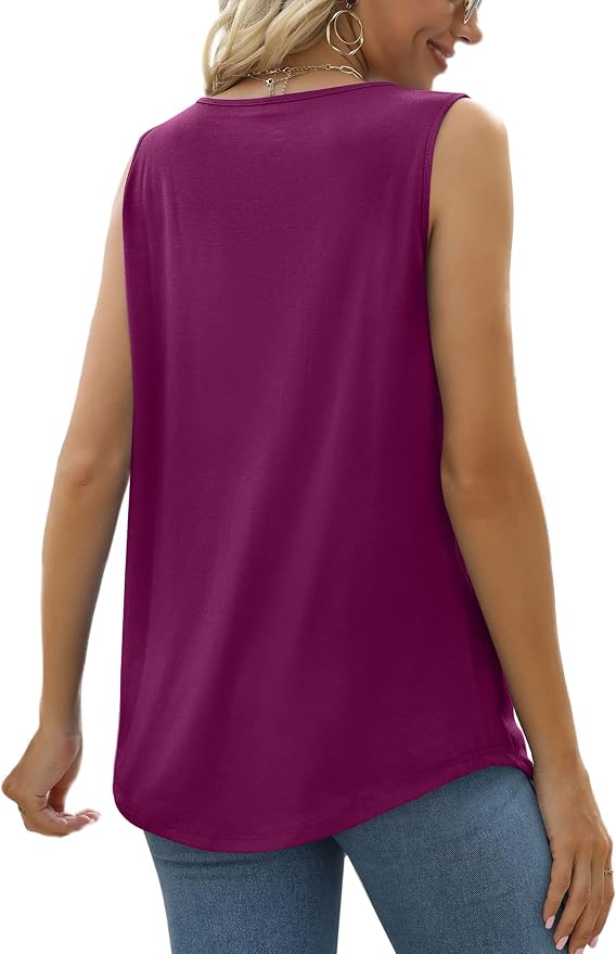 Saloogoe Summer Tank Tops for Women Loose Fit Pleated Square Neck Sleeveless Tops Curved Hem Flowy - Image 4